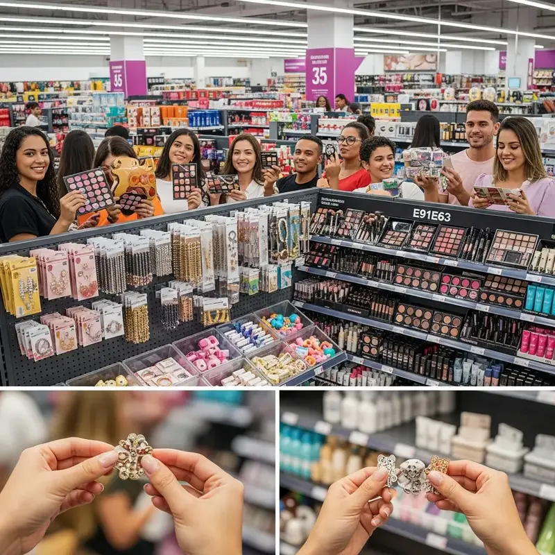 Diversos produtos de maquiagem coloridos, como batons, sombras e bases, expostos em uma prateleira da loja.