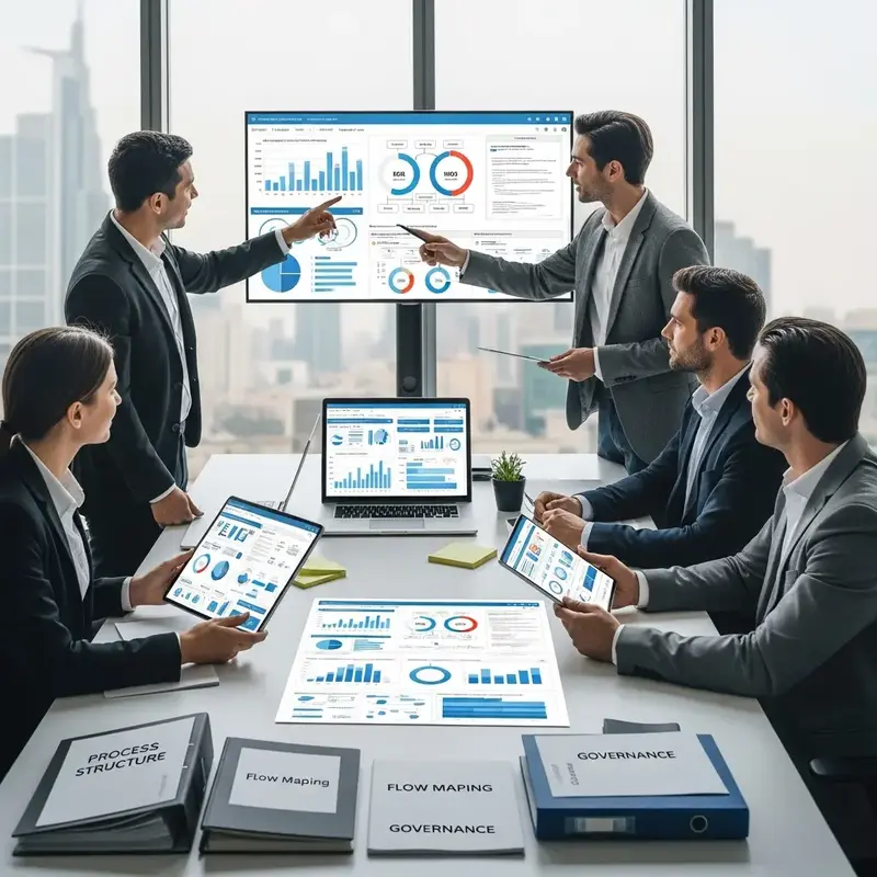 Mãos digitando em um teclado de notebook com gráficos financeiros e indicadores de desempenho no fundo, representando otimização de processos.
