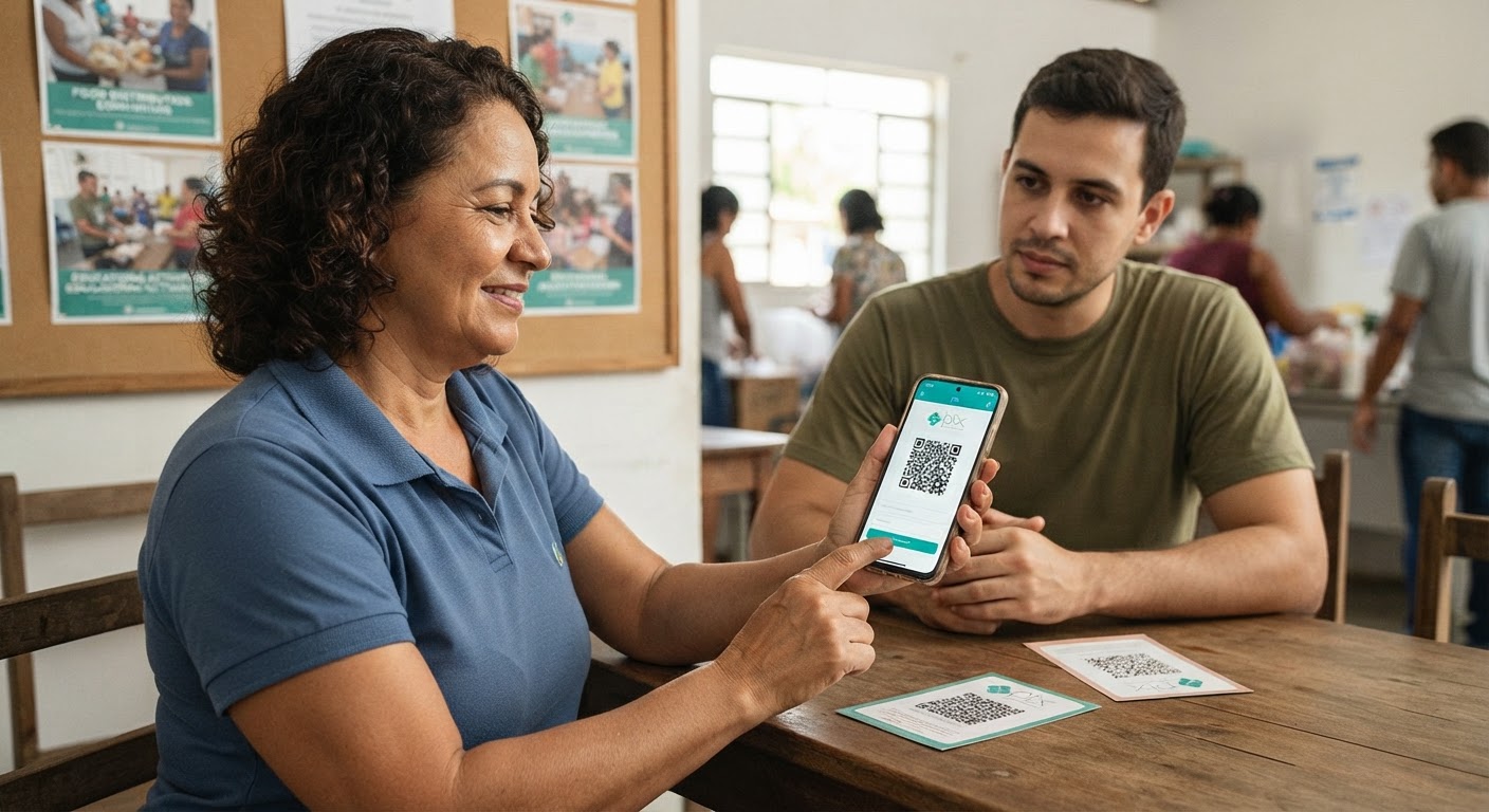 Voluntários sorridentes organizando mantimentos e doações para distribuição comunitária